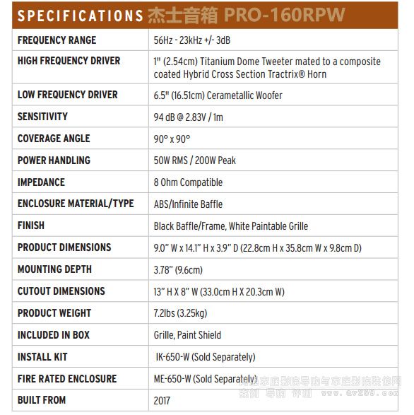 杰士音箱 PRO-160RPW參數