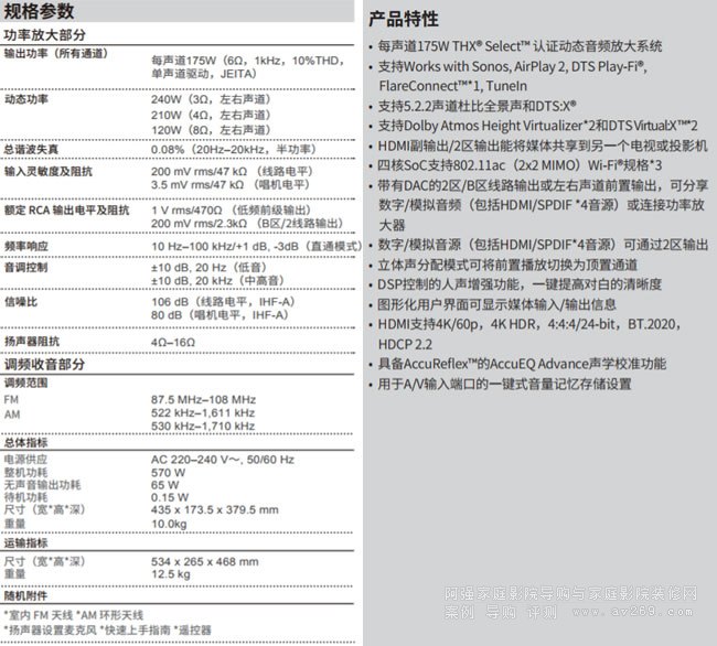 安橋功放TX-NR696介紹 7.2聲道功放參數